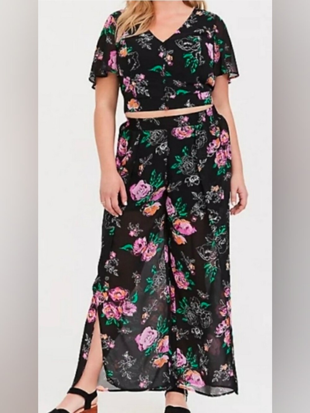 Torrid Black Floral Chiffon Tulip Leg Pants Size 2 =18/20
